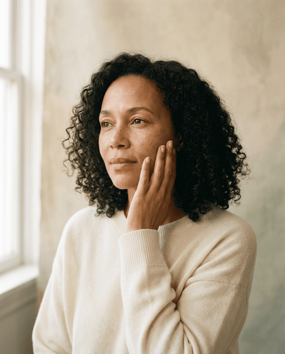 A woman on GLP-1 medication, gently studying her face